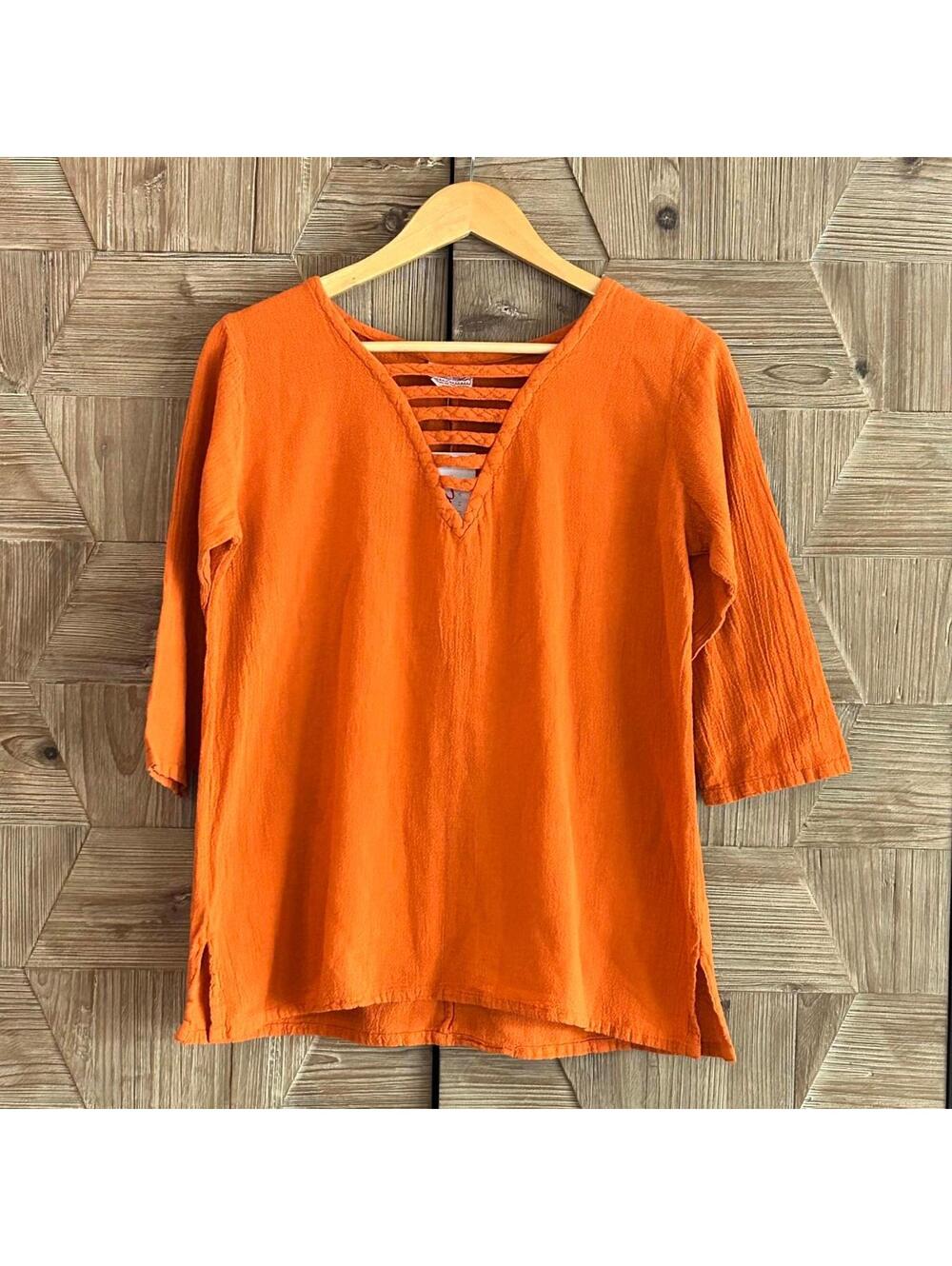 NWT Cecilia Nathal Womens Tunic Top Sz Medium Orange Cut Out 3/4 Sleeve Boho